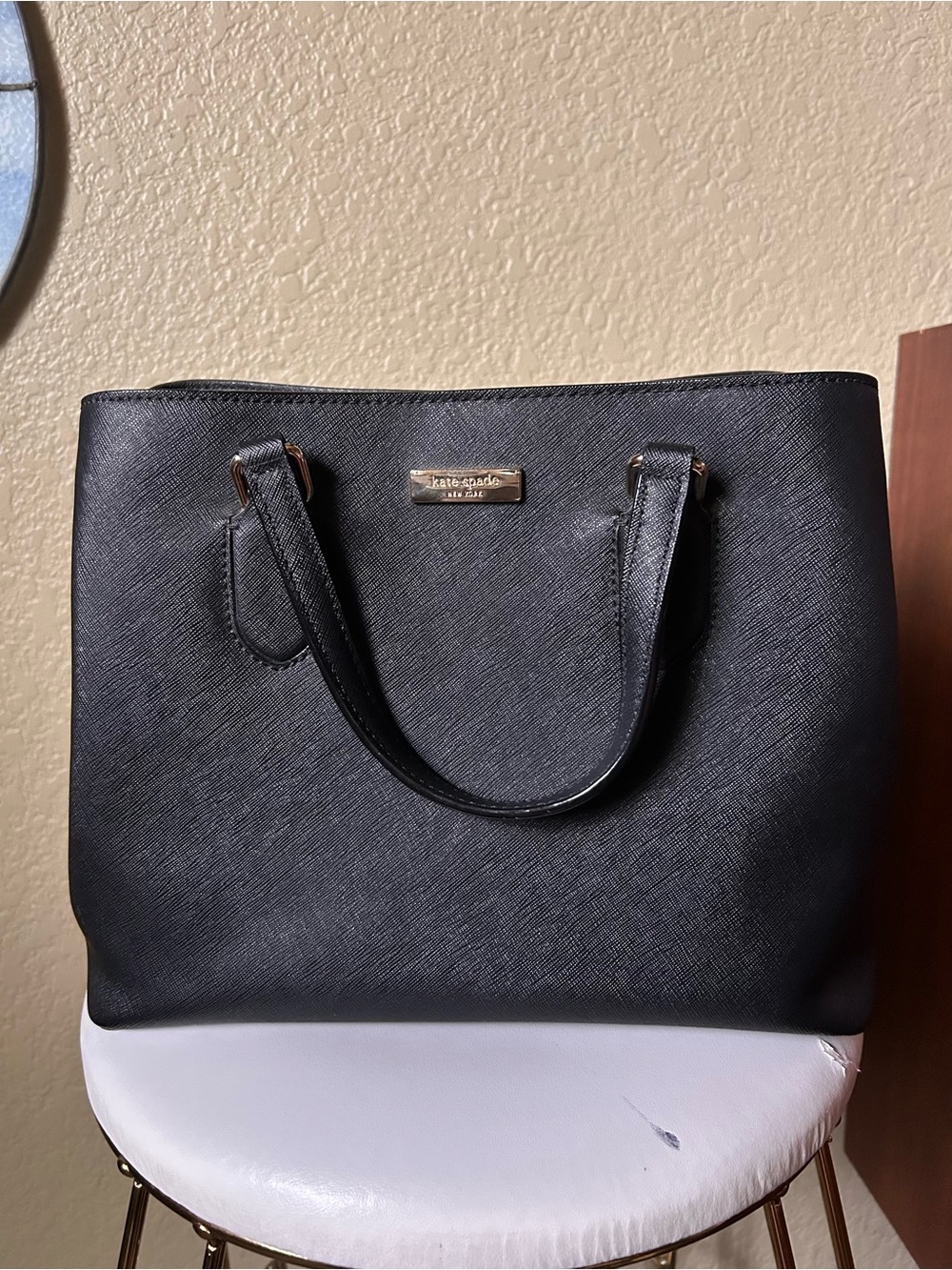 kate spade Black Structured Saffiano Tote with Gold Plaque